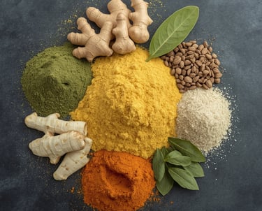 turmeric, ginger, moringa leaf and their powders