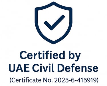 Certified by UAE Civil Defense badge with certificate number