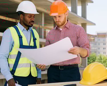 Two engineers reviewing site drawings at construction site
