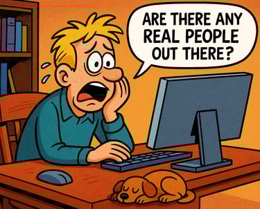 Frustrated man alone with his dog in front of his computer, seeking friendship.