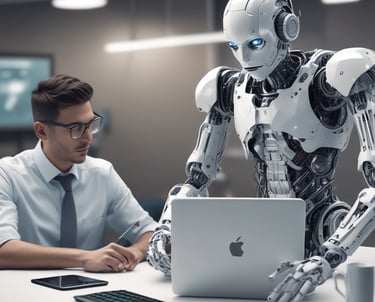 A small, white humanoid robot with blue accents, including eyes, mouth, and a circular badge with the letters 'AI' on its chest, is positioned in front of a blue laptop on a metallic surface. The robot has a simple, smooth design with two cylindrical arms and a small antenna on top.