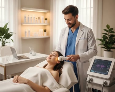 un medico in uno studio medico che esegue un trattamento di radiofrequenza su di una paziente