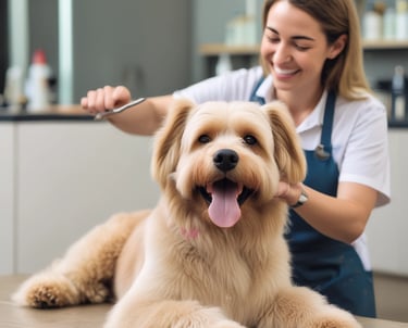 a woman is brushing her dog's hair while she is sitting on a rug