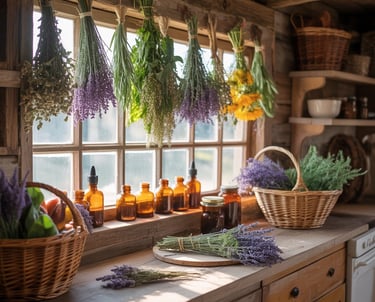 a kitchen counter top with bottles of wine and bottles of wine