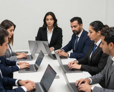 A professional team collaborating over documents and laptops in a modern office setting.