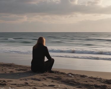a person sitting on a beach with a surfboard
