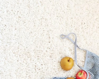 a bag of apples in a mesh bag on clean white carpet
