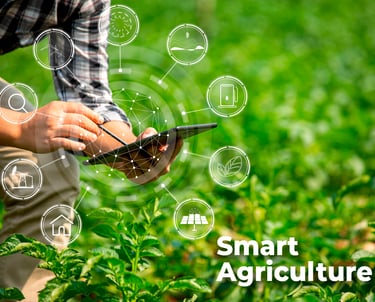 a man in a plaid shirt is holding a smart phone next to a farm