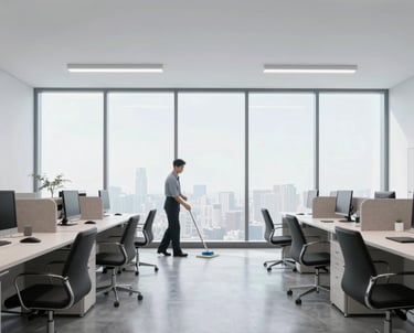 Professional cleaner in uniform wiping down a glass conference room table.