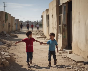 A young boy stands with raised arms in front of a row of tents in a refugee camp. The tents have UNHCR logos, indicating the involvement of the United Nations High Commissioner for Refugees. In the background, a truck and a few vehicles are visible alongside a hillside. A national flag is flying on a pole, and the ground is dry and dusty.
