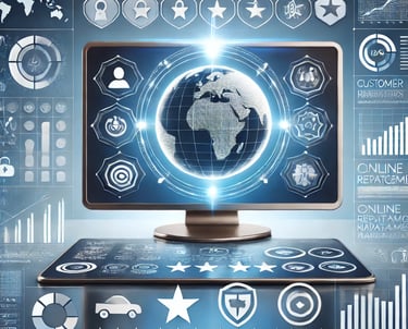 Digital dashboard representing Online Reputation Management with reviews and protection icons."