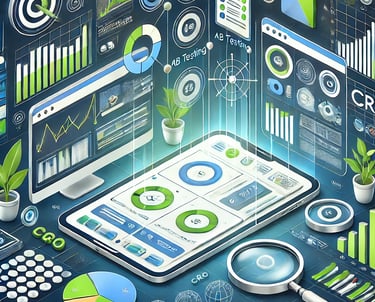 CRO concept with A/B testing, landing page optimization, and heatmap analysis."
