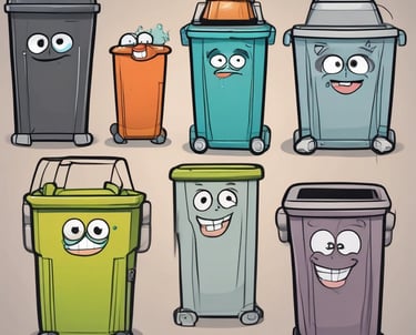 Two trash bins, one black plastic with a rectangular lid and the other a metallic barrel, are placed next to each other against a dark wall. A red wooden door and a broom are visible nearby, with scattered debris and dirt on the ground.