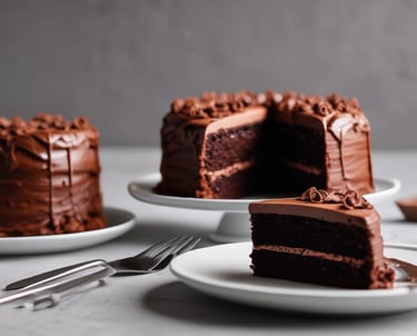 bolo de chocolate com um pedaço cortado postos em uma mesa