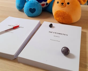Le manuscrit définitif de Météorites, entouré de peluches