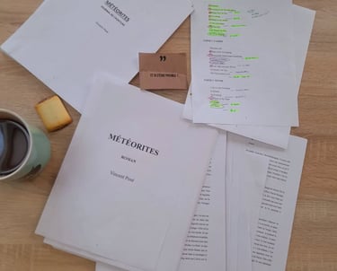 Le manuscrit de Météorites, lors du travail d'écriture