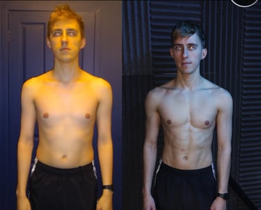 A male in his 20s with his top off before and after gym body transformation