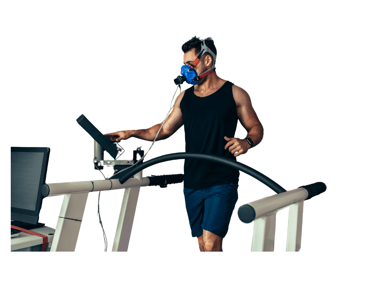 A man running on a treadmill having his VO2 max tested