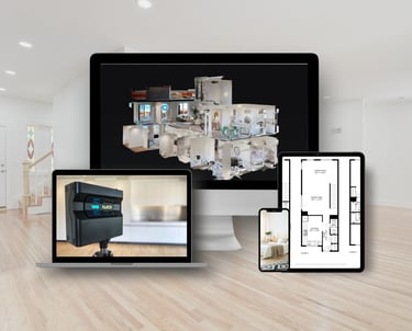 Real estate 3D tour, floor plan, and Matterport camera displayed on multiple devices