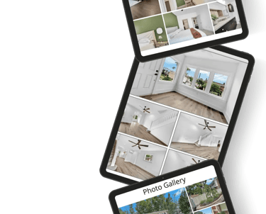 Real estate photos displayed on stacked tablets.