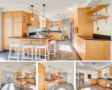 Bright modern kitchen with wood cabinets, large island, bar stools, pendant lights, and stainless steel appliances