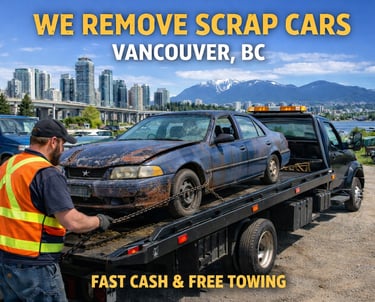 Professional scrap car removal service in Vancouver, BC towing an old vehicle for fast cash.