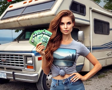 a woman standing in front of a campervan