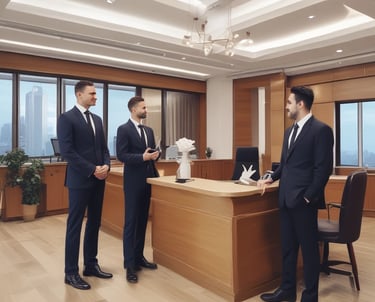 A construction site is visible with scaffolding along the side of a building. A yellow portable toilet stands on one side, featuring a sign with contact information. The construction area shows some building materials and a partially built structure, with a narrow view of windows from an adjacent building.