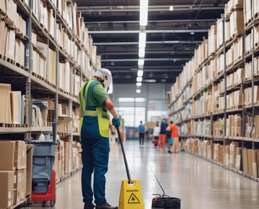 A construction site featuring extensive scaffolding with a bright green and orange barrier labeled 'Poort 4'. Two construction workers, one in overalls and the other wearing a helmet, sit on concrete blocks behind a fence. A blue truck is partially visible in the background.
