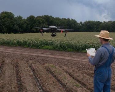 Productor manejando un dron con una tablet