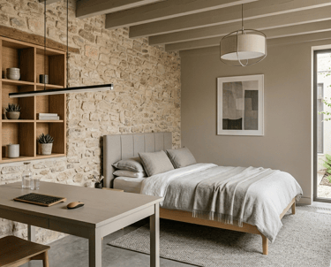 Modern bedroom with stone accent wall, minimalist desk, and neutral decor.