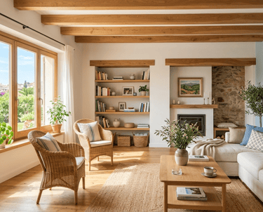 Rustic living room with exposed wood ceiling beams, wicker chairs, and a white sofa.
