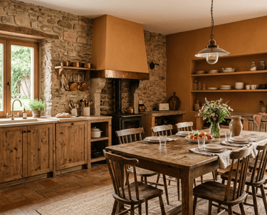 Rustic farmhouse kitchen featuring stone walls, wooden cabinets, and a large harvest dining table.