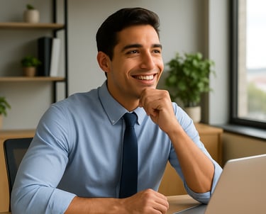 Hombre en la oficina, pensando en emprender y poner un negocio para más ingresos.