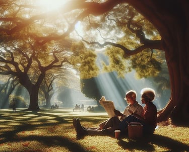a couple of people sitting on a bench in the sun