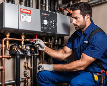 a man in a blue uniform is working on a gas stove