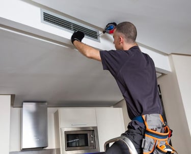 a man in a black shirt and a helmet on a ladder