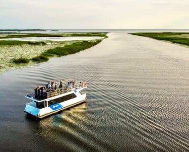 Aerial view of a white tour boat carrying passengers through scenic river wetlands and marsh landscape.