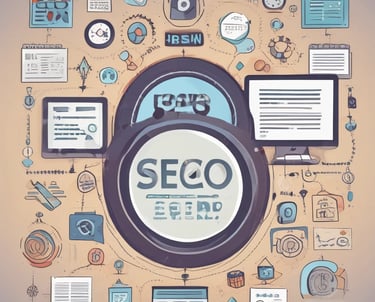 An abstract, pastel-colored, 3D-rendered representation of data analysis and search engine optimization (SEO). The image features a computer interface with various analytics symbols, including a magnifying glass, bar charts, pie charts, and a search bar with the text 'SEO'. Surrounding the interface are different objects such as a potted plant, a cup with a saucer, and a megaphone, all placed on a light green background.