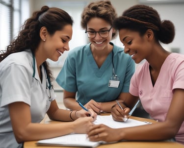 A group of nurses wearing traditional uniforms are gathered around a hospital bed in a clinical setting. One nurse appears to be changing linens or adjusting the bedding of a patient. A basin is placed on the floor, and there is a small table with medical tools and supplies nearby. The setting suggests a hospital or medical training environment from a previous era.