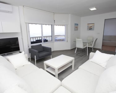 salón luminoso, sofá , TV y mesa comedor