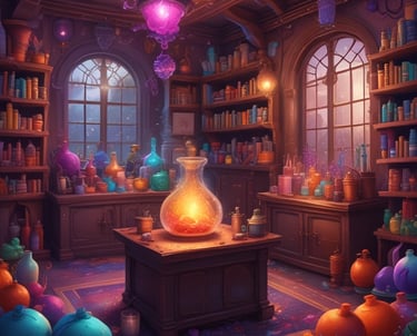 An intricately decorated shop filled with a variety of colorful items, including jewelry, vases, pottery, and decorative plates. The walls are adorned with hanging necklaces and trinkets against a vivid blue backdrop. The shelves are densely packed with decorative artifacts and handicrafts, creating a vibrant and cluttered atmosphere.