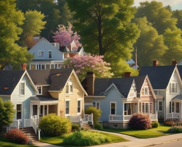 An aerial view of an urban neighborhood featuring tightly packed residential buildings, roadways, and interspersed green areas. The scene captures a variety of architecture styles with flat roofs, and multiple-story structures. Trees line the streets, creating patches of green amid the predominantly beige and gray buildings.