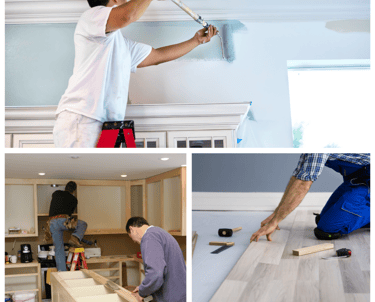 Construction workers carry out different remodeling projects(carpentry, flooring, interior painting)