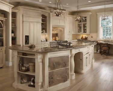 a kitchen with a large island and a large island