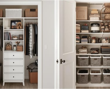 Two organized closets with custom shelving, drawers, and labeled storage bins.