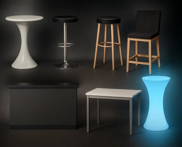 bar counter for rent, led cocktail tables rent dubai, bar stools for rent