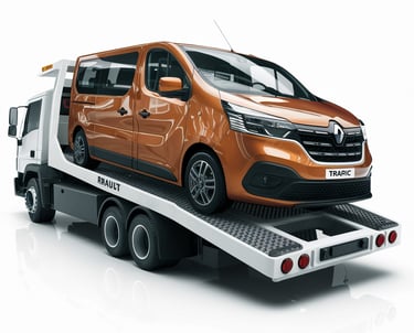 un renault trafic sur une dépanneuse blanche pour un transport automobile