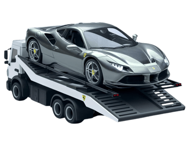 un véhicule de luxe rare sur une dépanneuse blanche pour un transport automobile