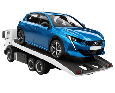 Peugeot 308 bleue sur une dépanneuse blanche,pour un transport automobile